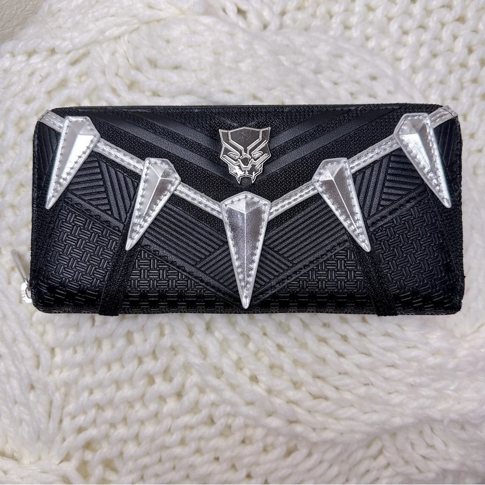 LOUNGEFLY Marvel BLACK PANTHER Infinity War Zip Around Large Wallet Black Silver - Picture 3 of 10